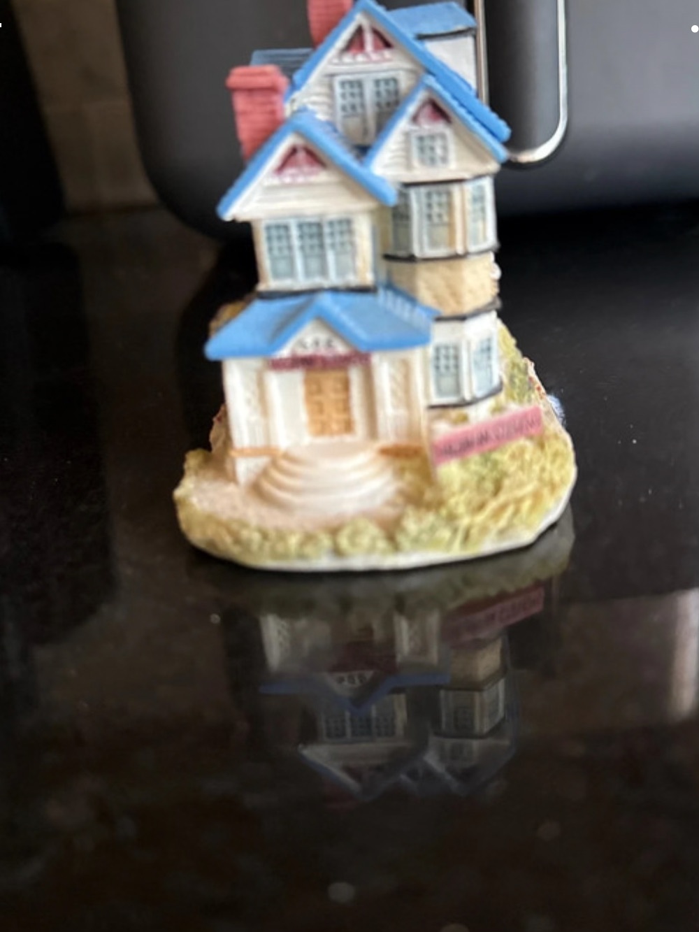 Unk Blue and Cream Miniature House Figurine with Pink Accent